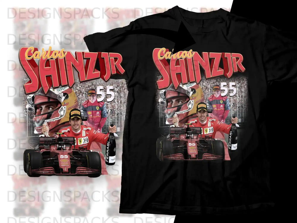 Carlos Sainz Jr. F1 racing T-shirt with Ferrari driver and car graphic.