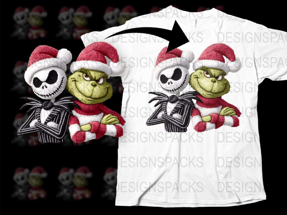 Nightmare Before Christmas Jack and Grinch T-Shirt, Unisex Holiday Tee, Santa Hat Design