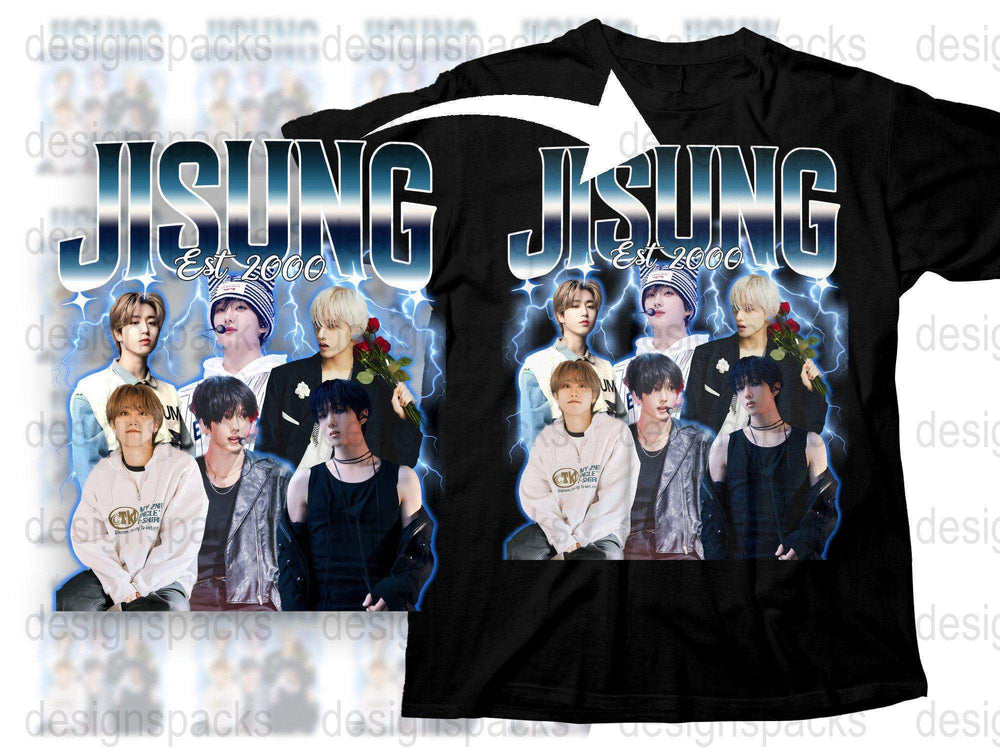 Jisung Fan T-Shirt, K-Pop Idol Photo Collage, Unisex Black Tee, Est 2000 Design, Music Pop Culture Apparel