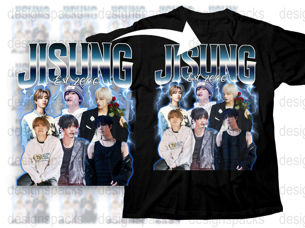 Jisung Fan T-Shirt, K-Pop Idol Photo Collage, Unisex Black Tee, Est 2000 Design, Music Pop Culture Apparel
