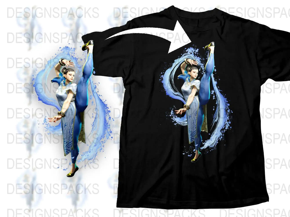 Fantasy Water Elemental Woman T-Shirt, Graphic Tee, Blue Swirl Design, Unique Illustration, Cool Gift Idea for Gamers