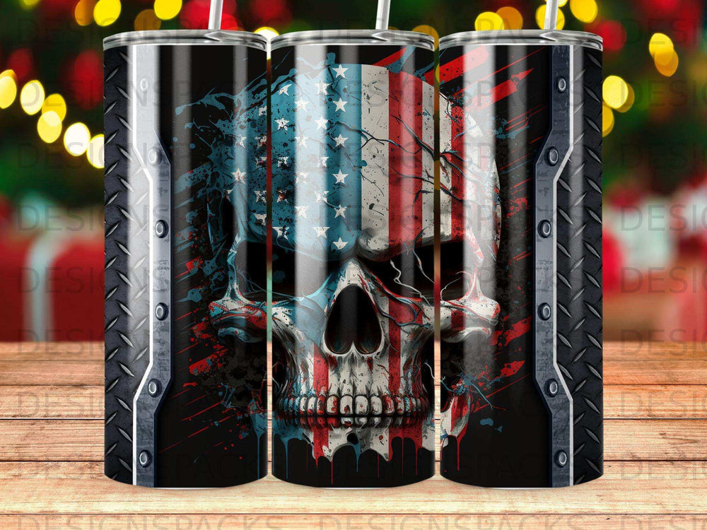 Skull with American flag pattern, surrounded by black and silver borders.