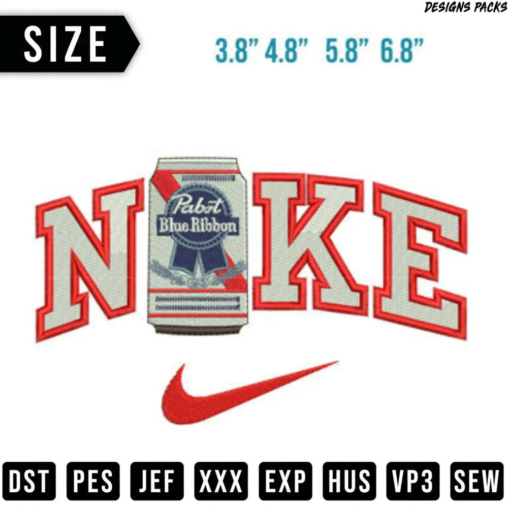 Nike logo embroidery design featuring a Pabst Blue Ribbon can.