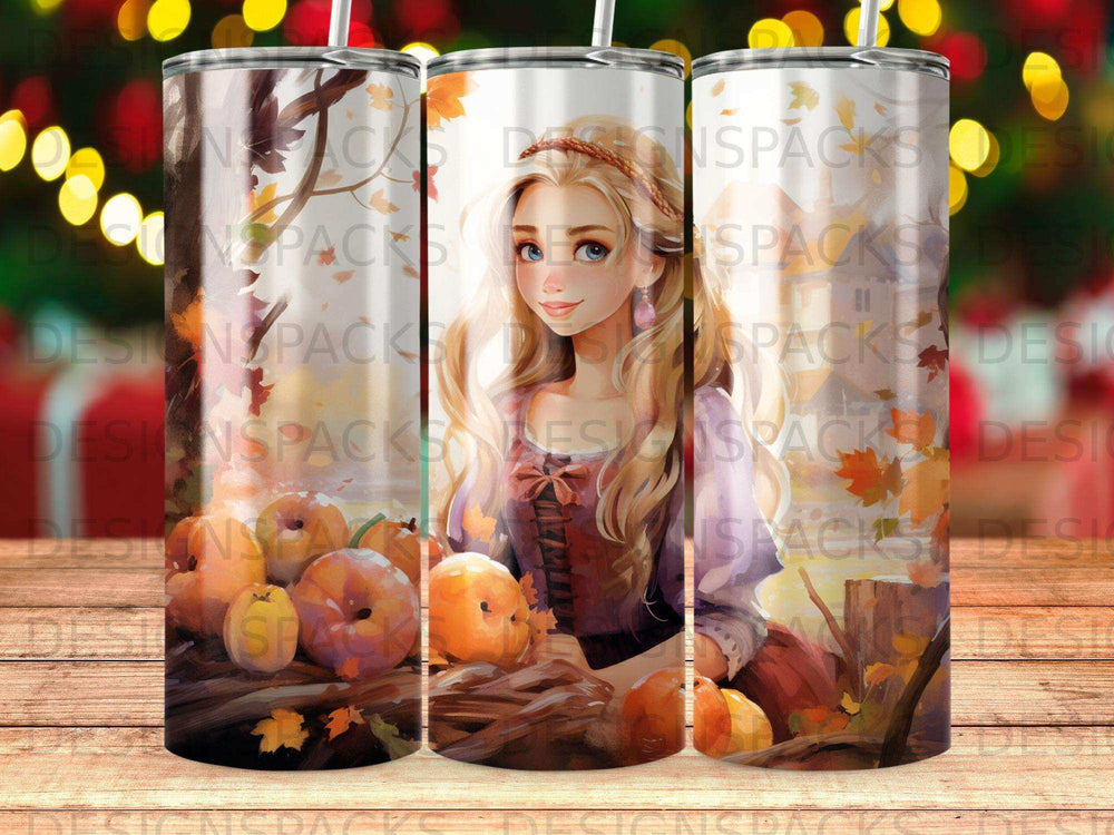 Anime girl with pumpkins and autumn leaves on a tumbler.