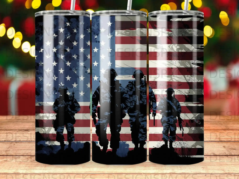 Soldiers silhouetted against American flag design on a tumbler.