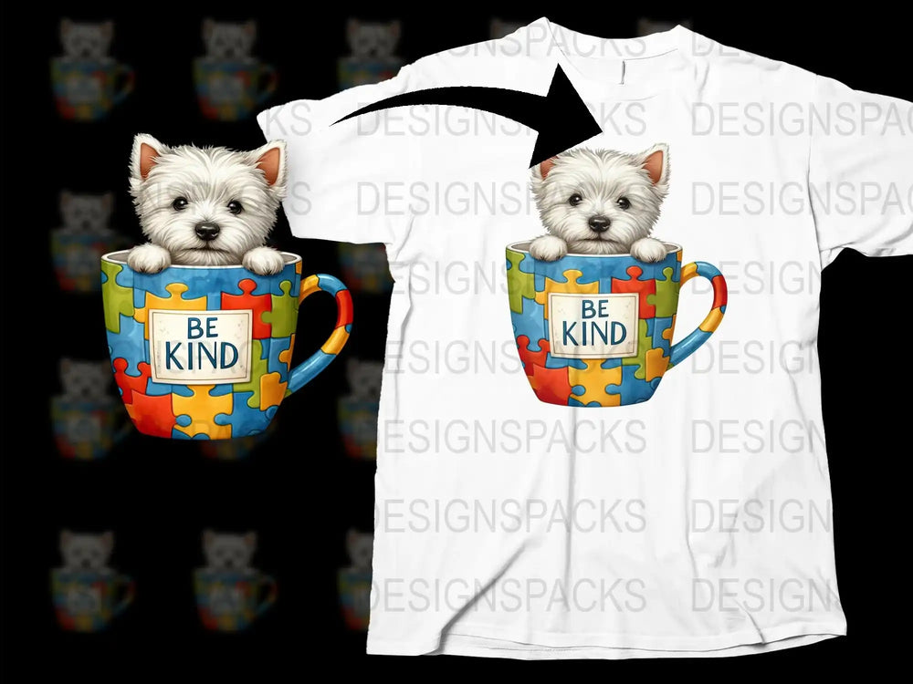 Cute Westie Dog in Mug T-Shirt, Be Kind Puzzle Graphic Tee, Colorful Pet Lover Gift, Unisex Casual Wear