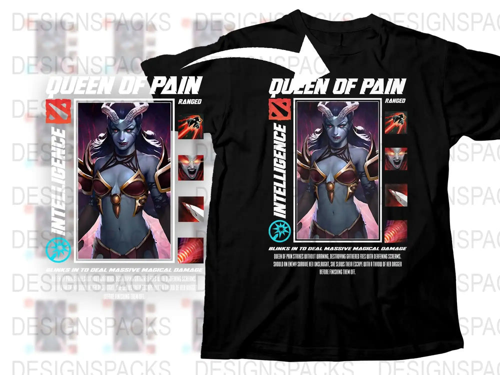Queen of Pain Black T-Shirt, Dota 2 Inspired Gaming Apparel, Graphic Tee for Gamers, Unisex Cotton Shirt