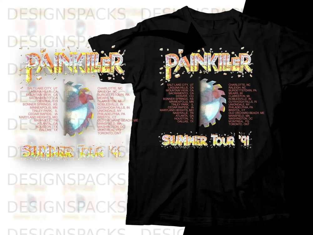 Black t-shirt with "Painkiller" logo and Summer Tour '91 dates.