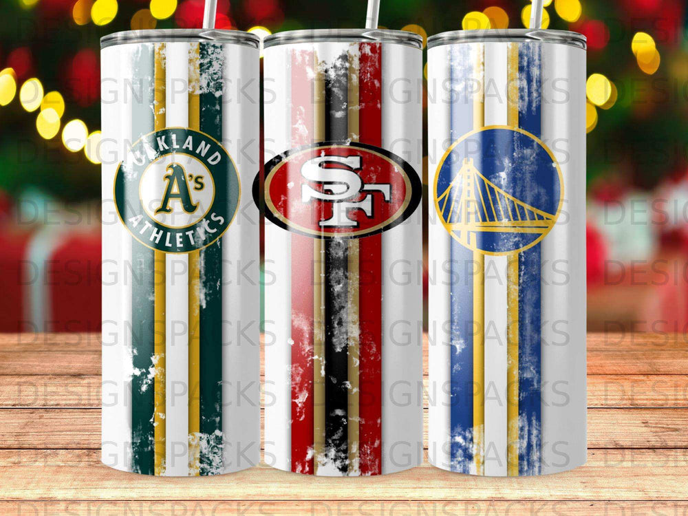 Three tumblers with San Francisco 49ers and Golden State Warriors logos and striped patterns.