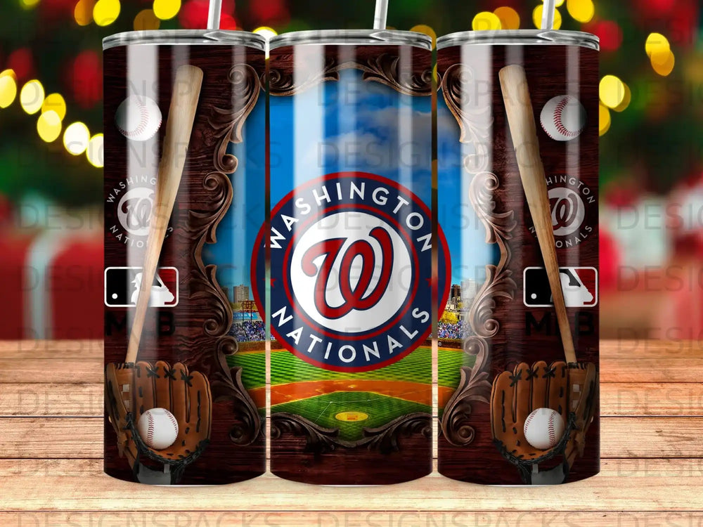 Washington Nationals baseball tumbler with bat, glove, and baseball field graphic.