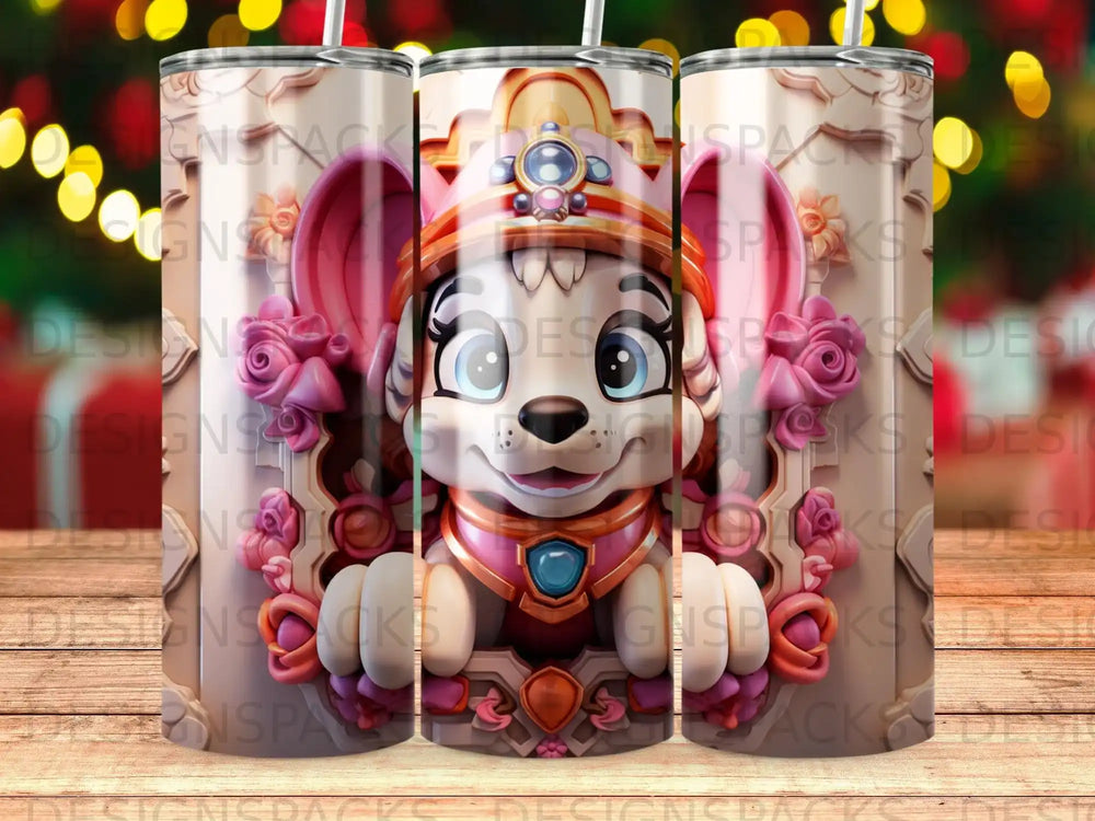 Cartoon dog wearing a pink and gold hat with a blue gem.