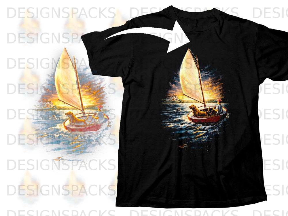 Boy and dog on sailboat at sunset near houses with sailboats in water.