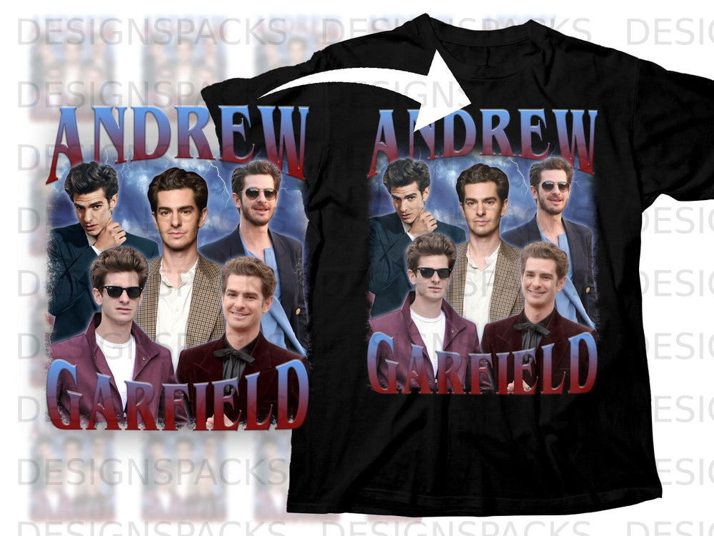 Andrew Garfield collage t-shirt with text.