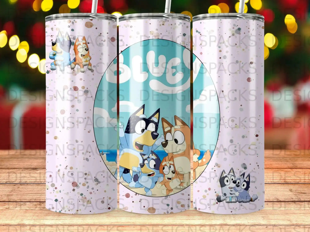 Bluey and Bingo characters on a patterned blue tumbler with circle design.