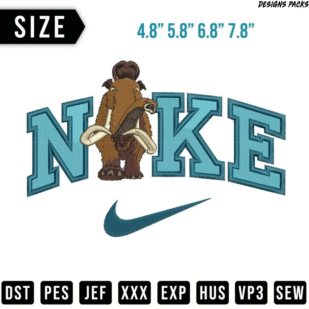 Mammoth wearing a headdress and standing in front of Nike logo.