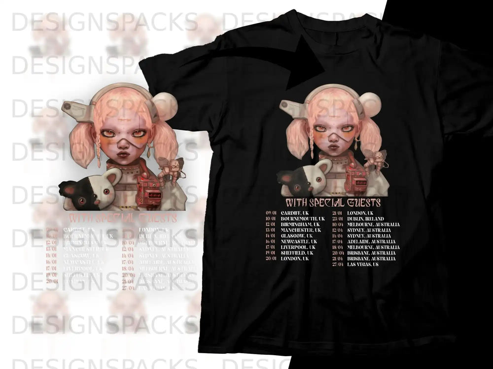Black t-shirt with "With Special Guests" tour dates and cartoon characters.