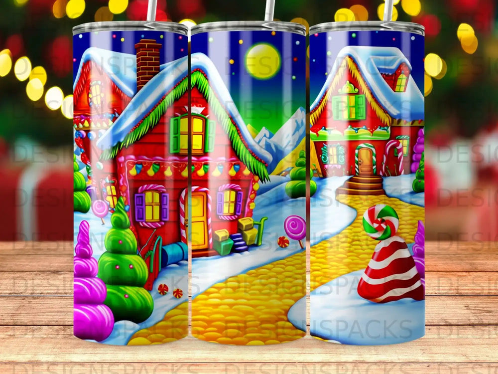 Christmas houses with candy cane path under starry night sky.