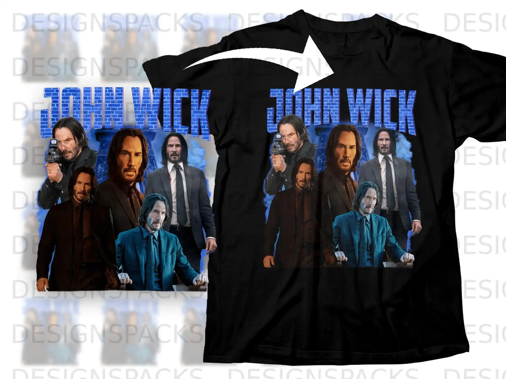 John Wick t-shirt with movie poster collage on black fabric.