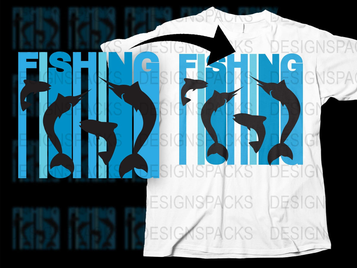 Fishing T-Shirt with Blue Background and Black Silhouette Fish Design, Men's Graphic Tee