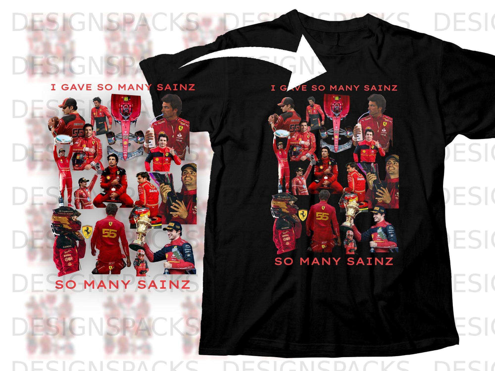 Black t-shirt with collage of Carlos Sainz racing photos and text "I GAVE SO MANY SAINZ".