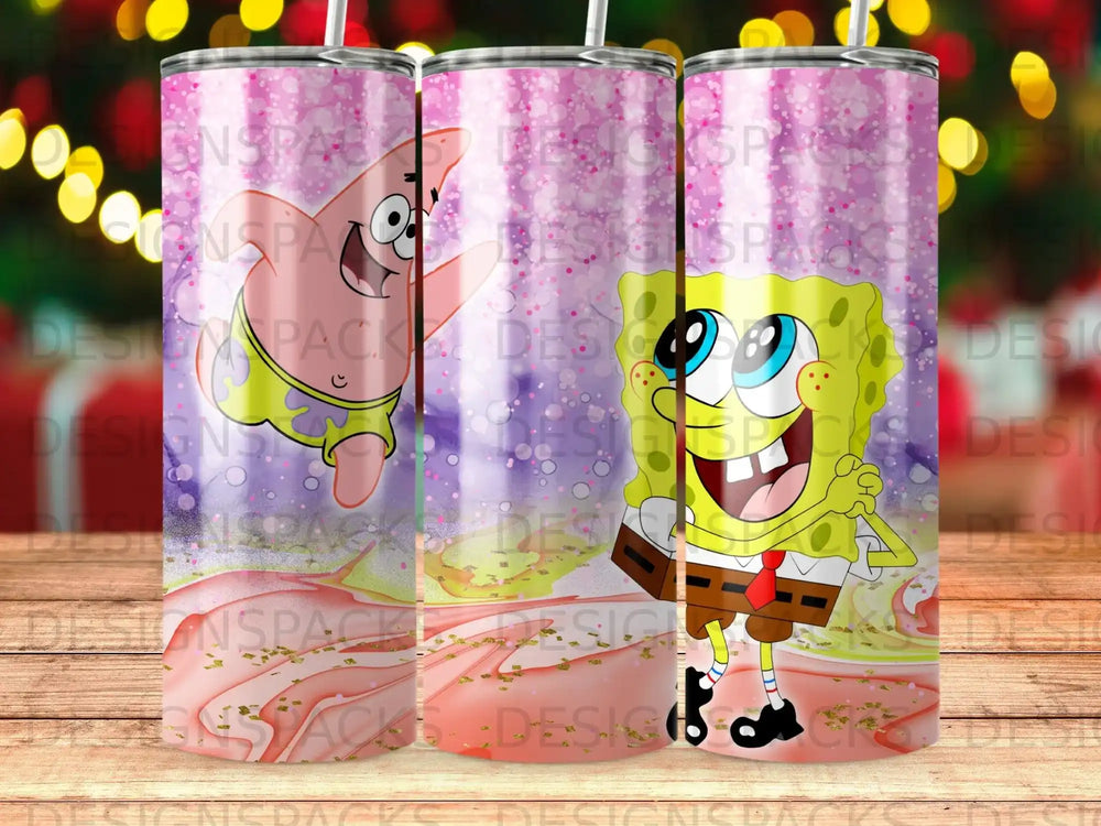 SpongeBob and Patrick on a pink, purple, and yellow abstract background.