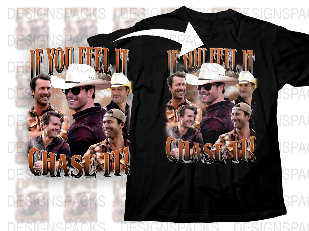 Chase It Motivational Quote T-Shirt, Western Cowboy Hat Graphic Tee, Men's Casual Black Shirt
