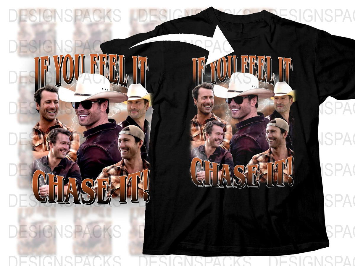 Chase It Motivational Quote T-Shirt, Western Cowboy Hat Graphic Tee, Men's Casual Black Shirt