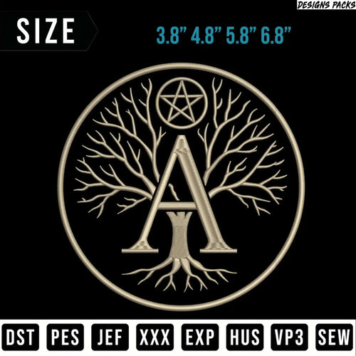 Embroidery design with large letter A as a tree, surrounded by a circle.