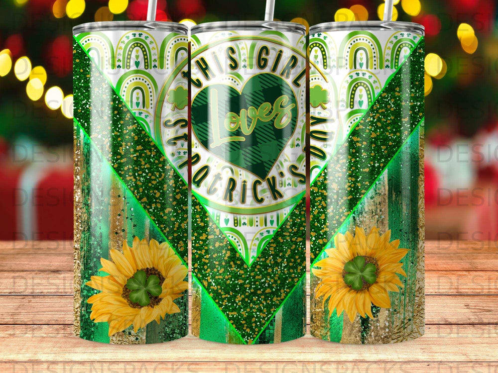 St. Patrick's Day tumbler with green shamrocks, glitter, and sunflowers.