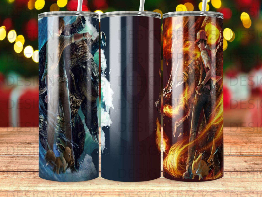 Three Pokemon-themed tumblers featuring characters and fiery backgrounds.