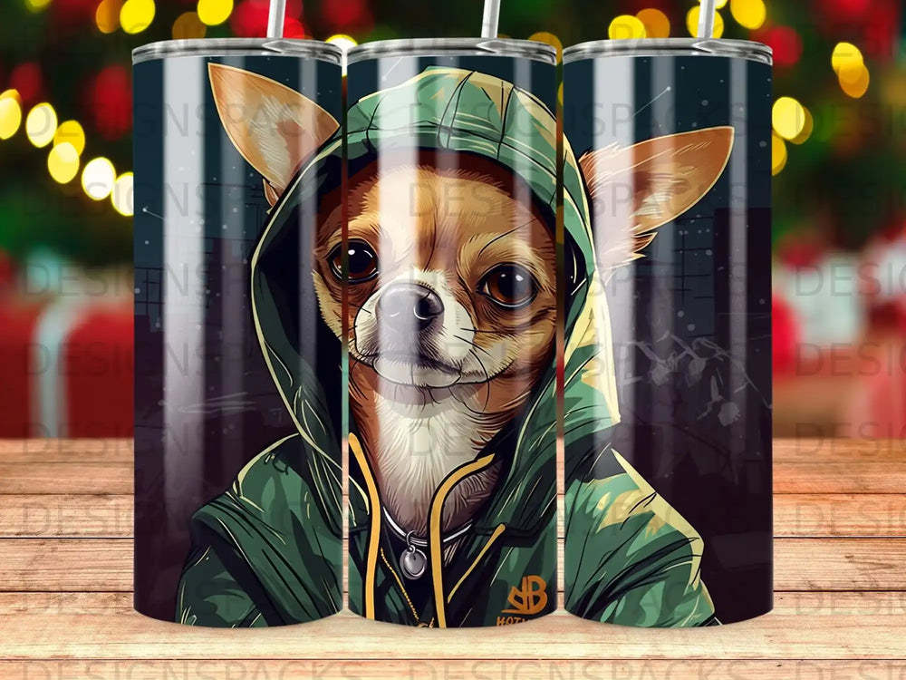 Chihuahua wearing a green hoodie, on a tumbler.