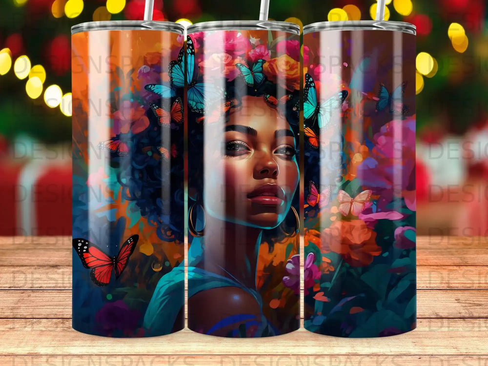 Woman with butterflies and flowers on a tumbler.