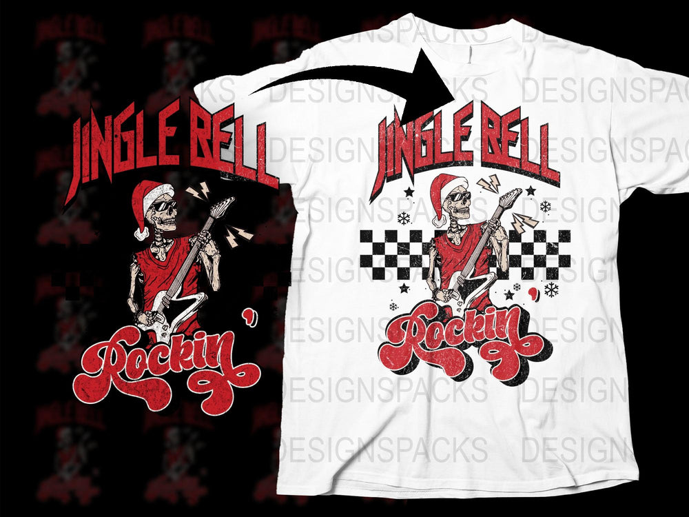 Jingle Bell Rockin' Skeleton T-Shirt, Christmas Holiday Graphic Tee, Rock and Roll Festive Apparel