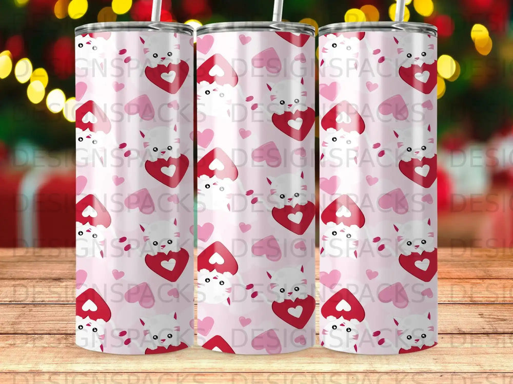 Pink tumbler with repeating hearts and cute animal faces.