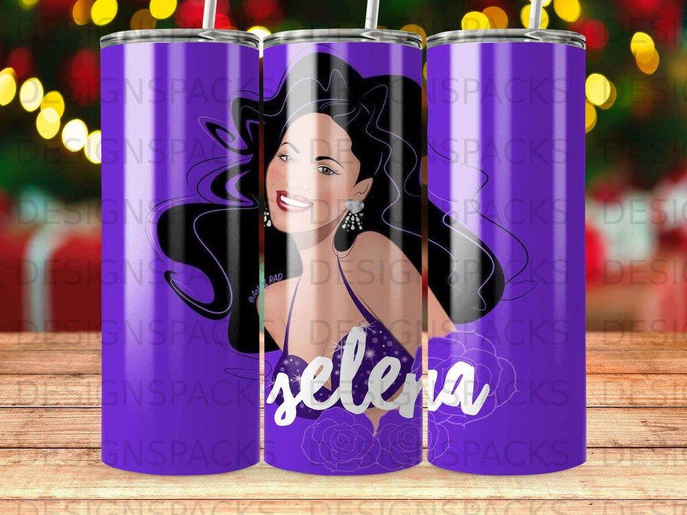 Selena Quintanilla graphic on a purple tumbler with "Selena" text.