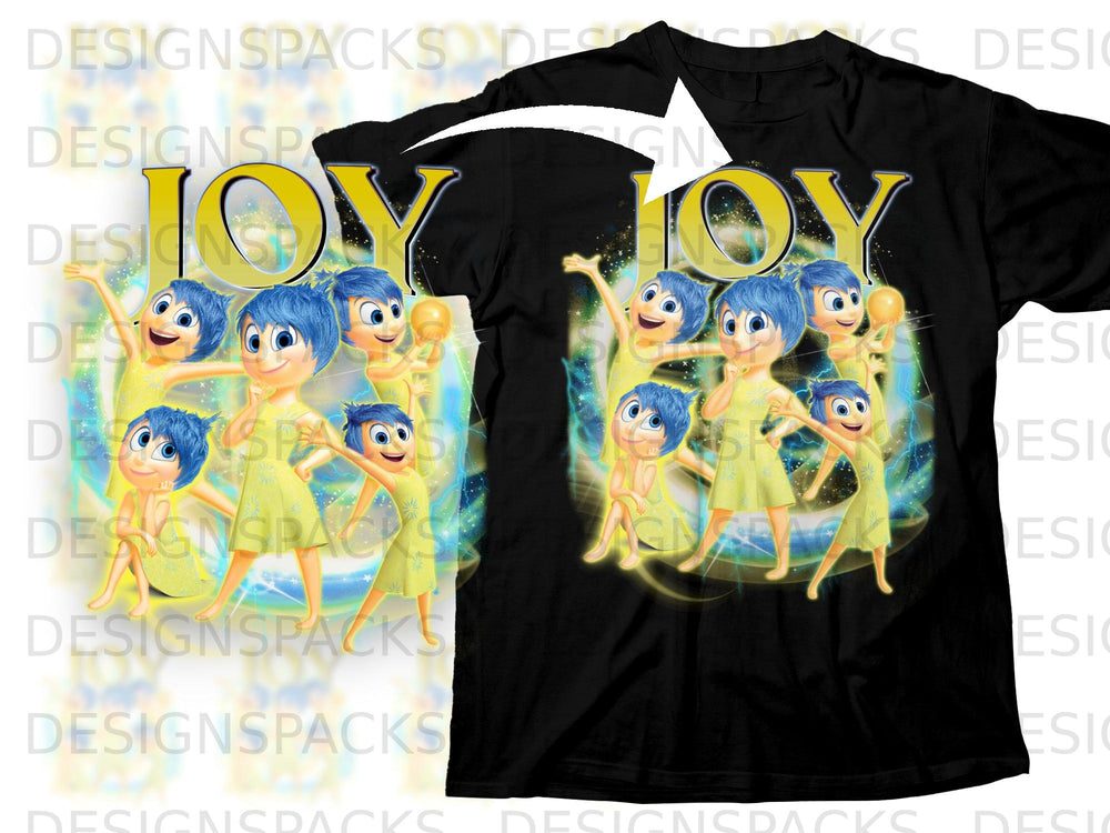 Joy characters from Inside Out with the word "JOY" on a black t-shirt.