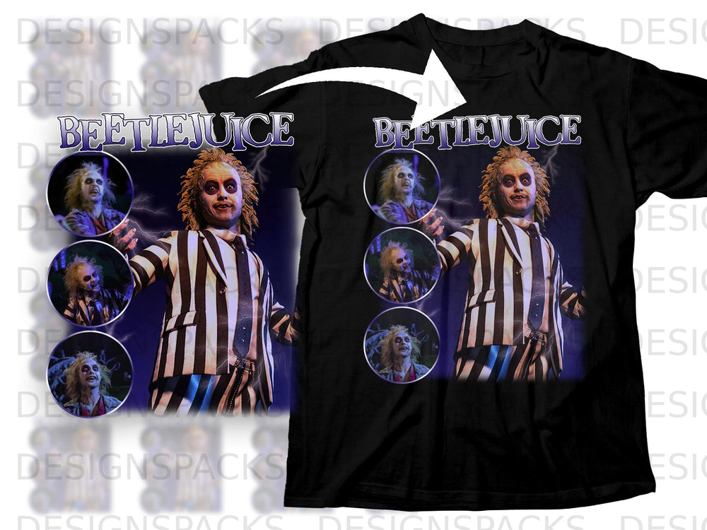Black t-shirt featuring Beetlejuice graphic with lightning and circular inset portraits.