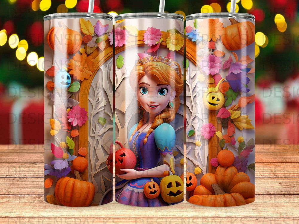 Anna from Frozen holding a pumpkin in an autumnal scene with carved pumpkins.
