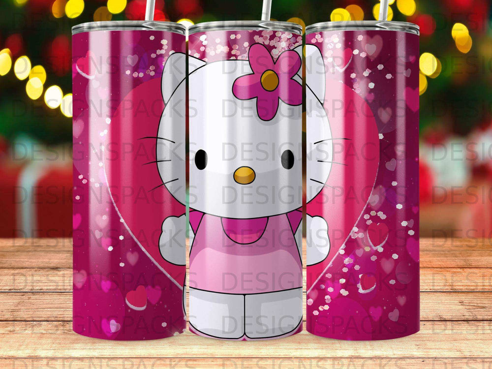 Hello Kitty in pink dress with hearts and floral accents on a tumbler.