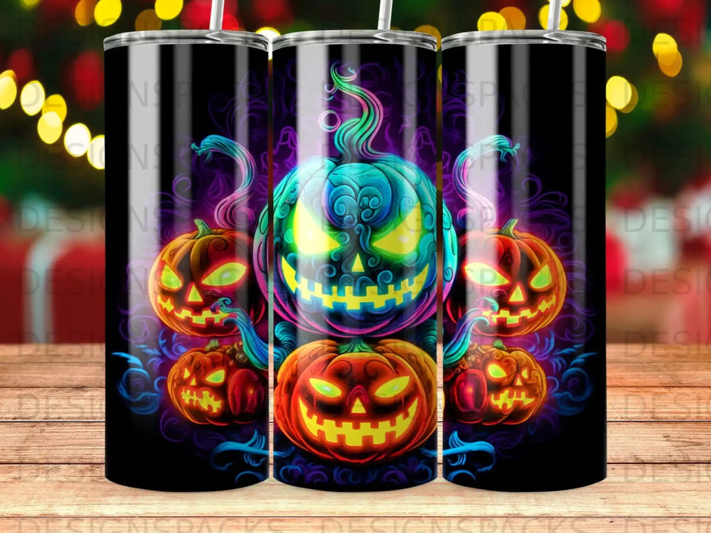 Three Halloween pumpkins with glowing faces, one large in center, two smaller flanking.