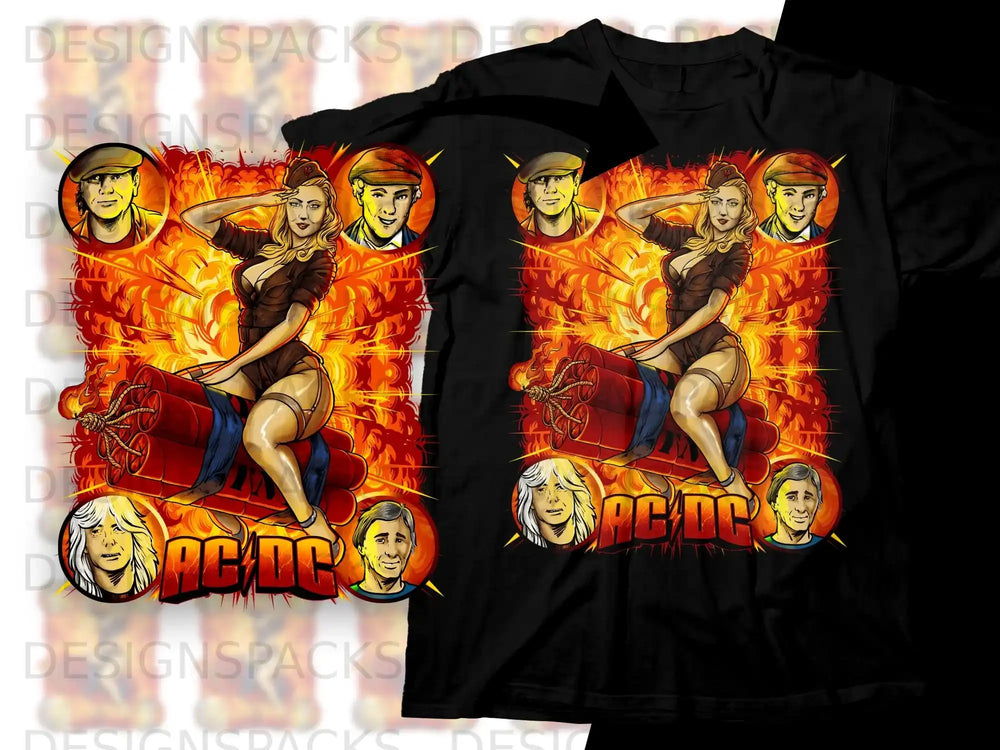 AC/DC band logo with cartoon characters and dynamite.