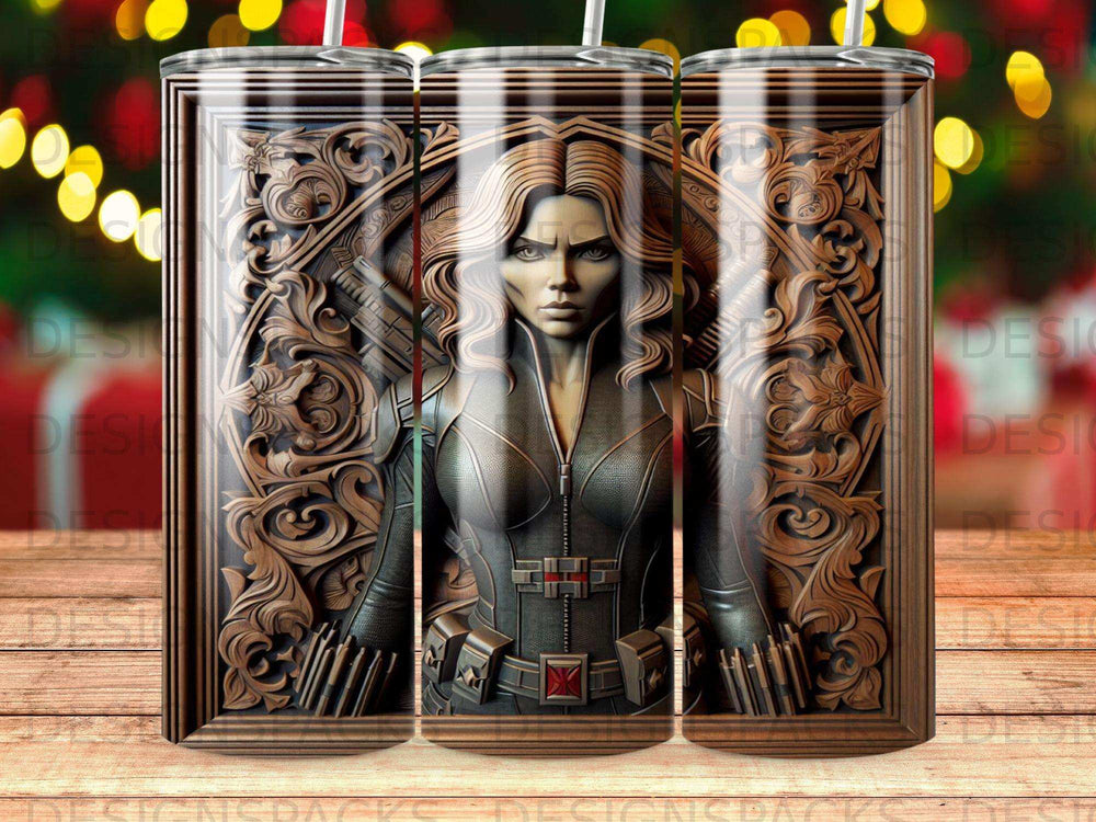 Black Widow in a detailed, carved wooden frame against a bokeh background.