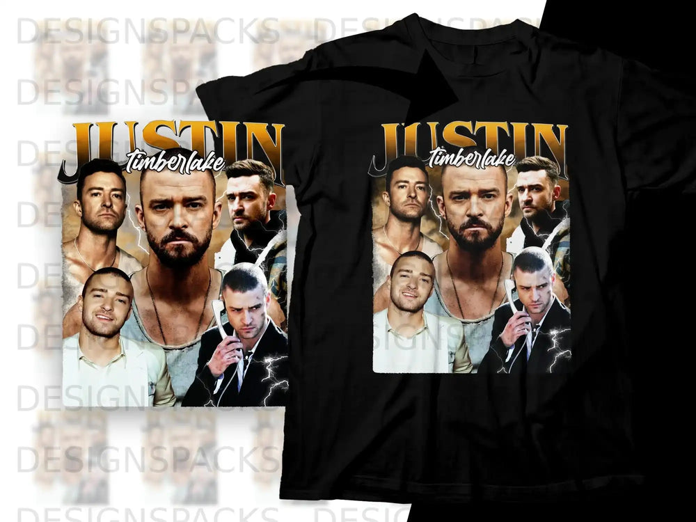 Collage of Justin Timberlake photos on black t-shirt, "Justin Timberlake" text.