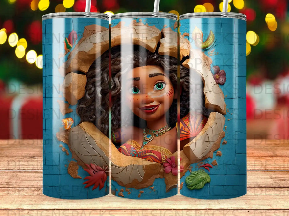 Moana peeking through a cracked wall, with a vibrant, colorful background.