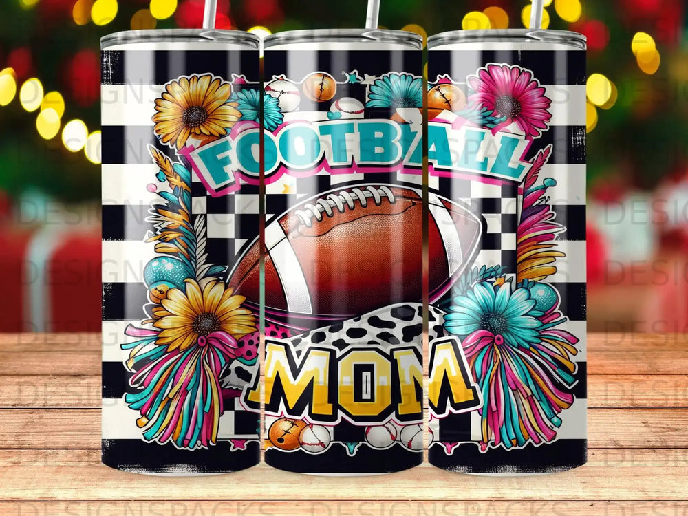 Football Mom tumbler wrap with checkered background and floral accents.