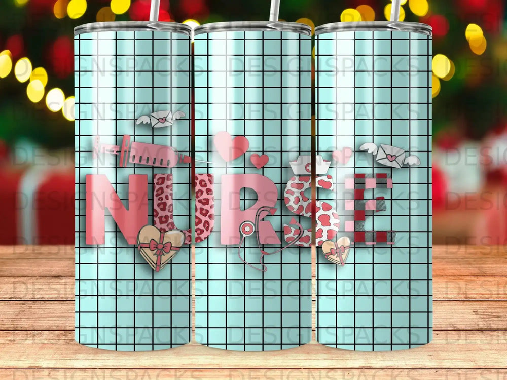Nurse tumbler with hearts, stethoscope, and syringe on a blue grid background.