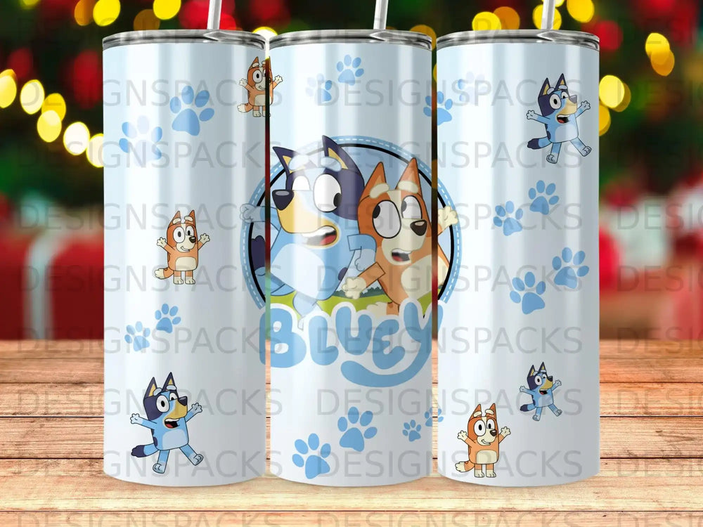 Bluey and Bingo characters on a blue tumbler with repeating patterns.