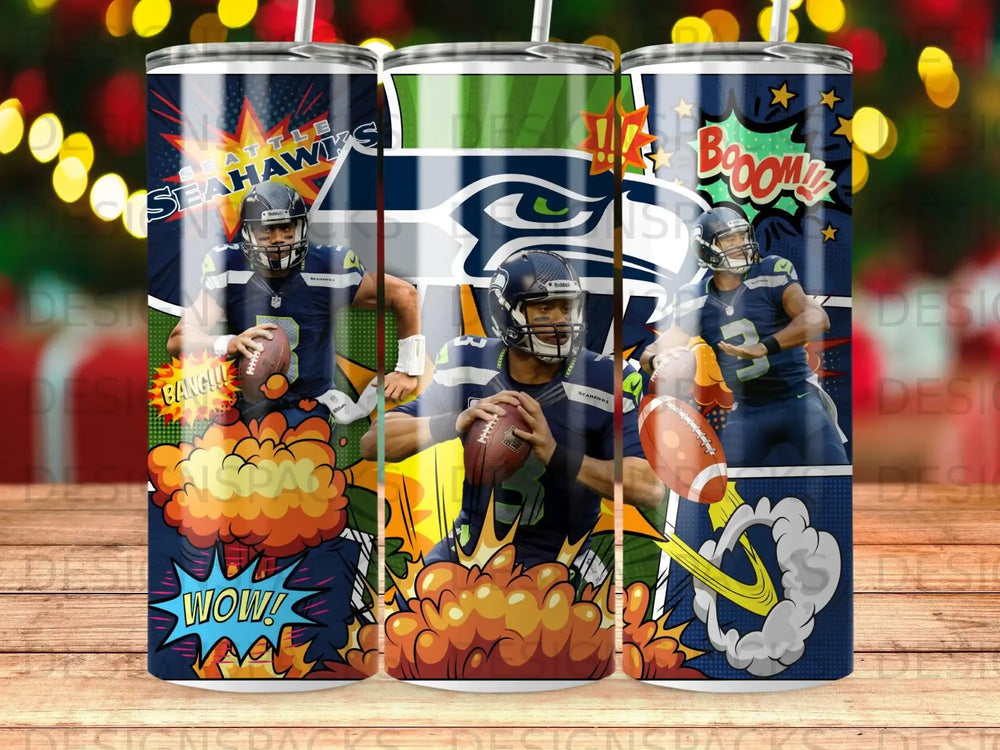 Seattle Seahawks players in action with comic book-style explosion graphics.
