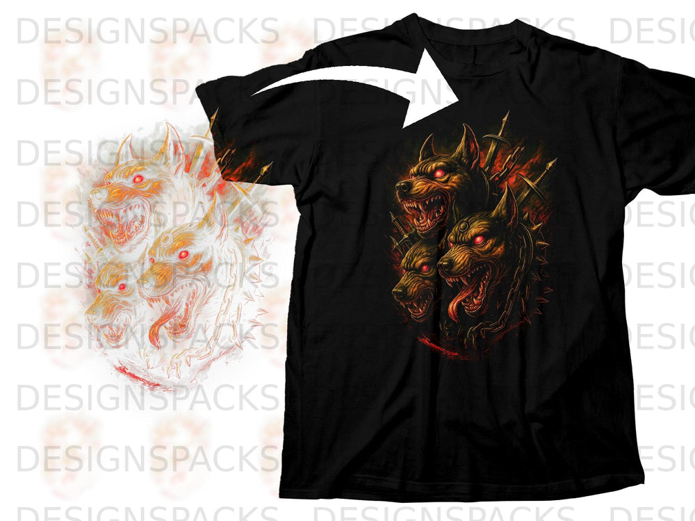 Black t-shirt featuring a menacing three-headed dog with glowing red eyes and swords.