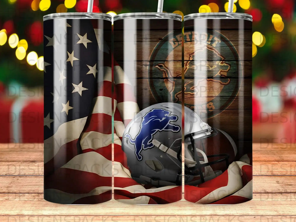 Detroit Lions helmet and flag on wooden background.